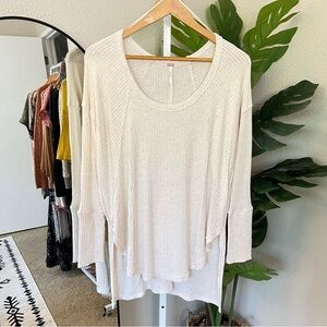 ✨ Free People Ivory Thermal Knit Top S | Slouchy Waffle Long Sleeve Pullover